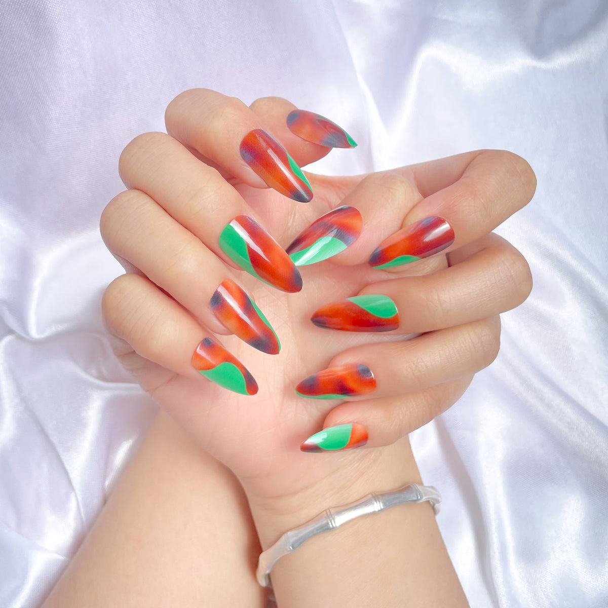 OPOOLA Almond Press on Nails Medium, Multi color printing,OPOOLA Rainbow Jelly Soft Gel Fake Nails for Women Fit Natural,  Stick on Nails Reusable, 24pcs False Nails with Design Glue Art Kit