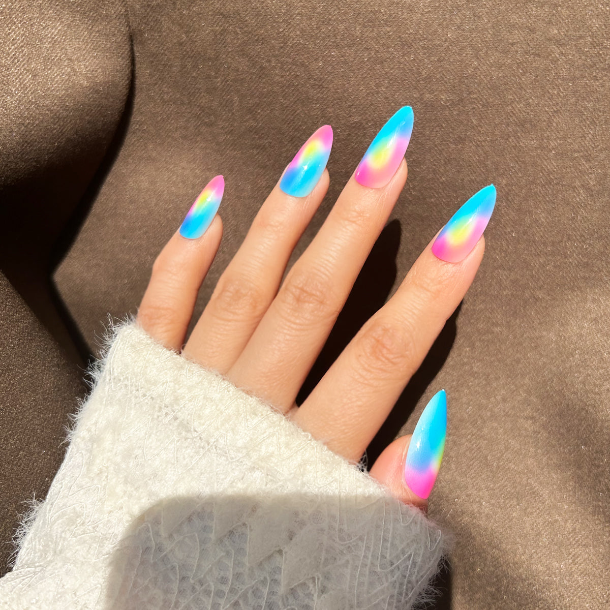 OPOOLA Almond Press on Nails Medium,OPOOLA Rainbow Jelly Soft Gel Fake Nails for Women Fit Natural,  Stick on Nails Reusable, 24pcs False Nails with Design Glue Art Kit