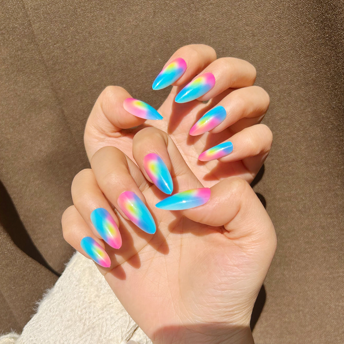 OPOOLA Almond Press on Nails Medium,OPOOLA Rainbow Jelly Soft Gel Fake Nails for Women Fit Natural,  Stick on Nails Reusable, 24pcs False Nails with Design Glue Art Kit