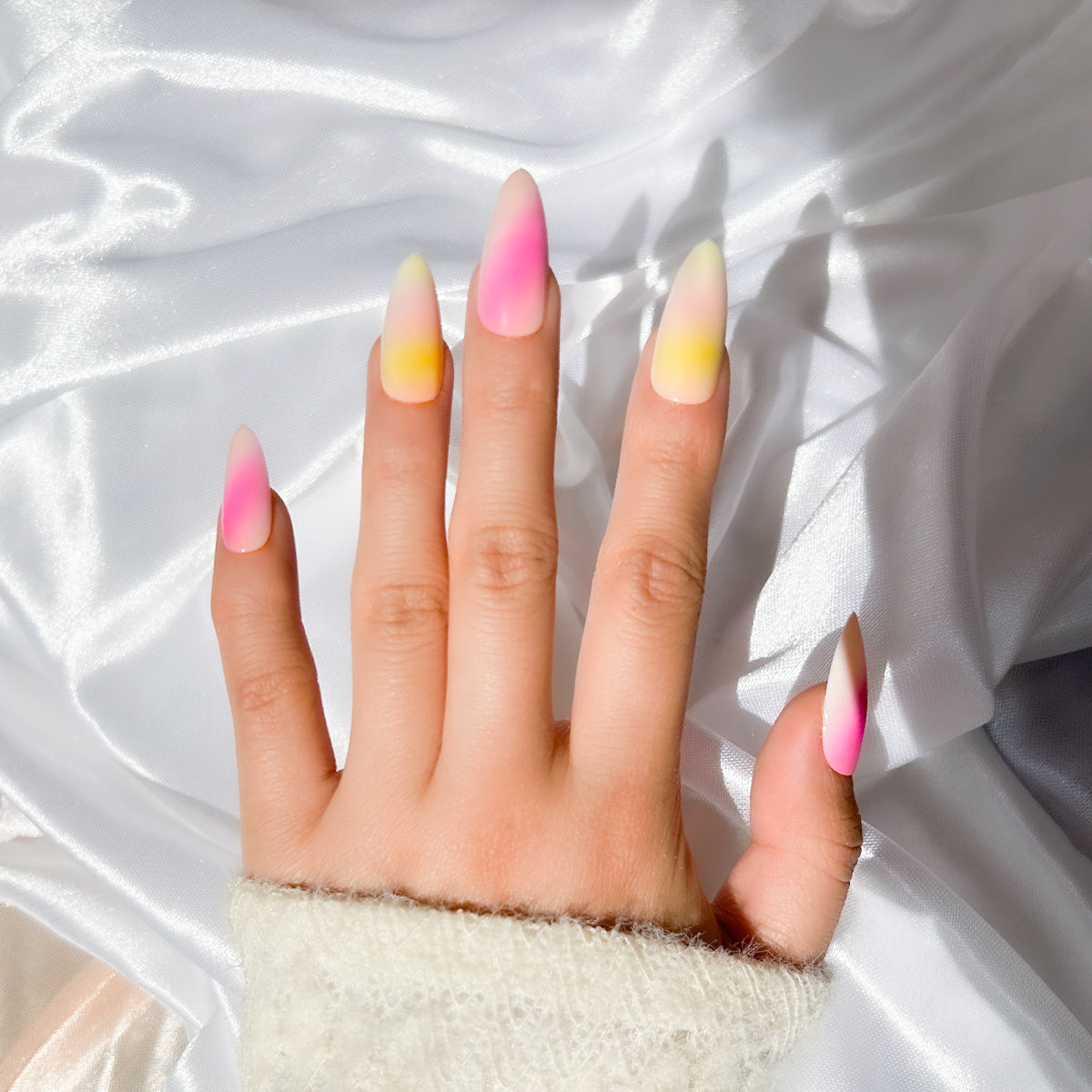 OPOOLA Almond Press on Nails Medium,OPOOLA Rainbow Jelly Soft Gel Fake Nails for Women Fit Natural,  Stick on Nails Reusable, 24pcs False Nails with Design Glue Art Kit