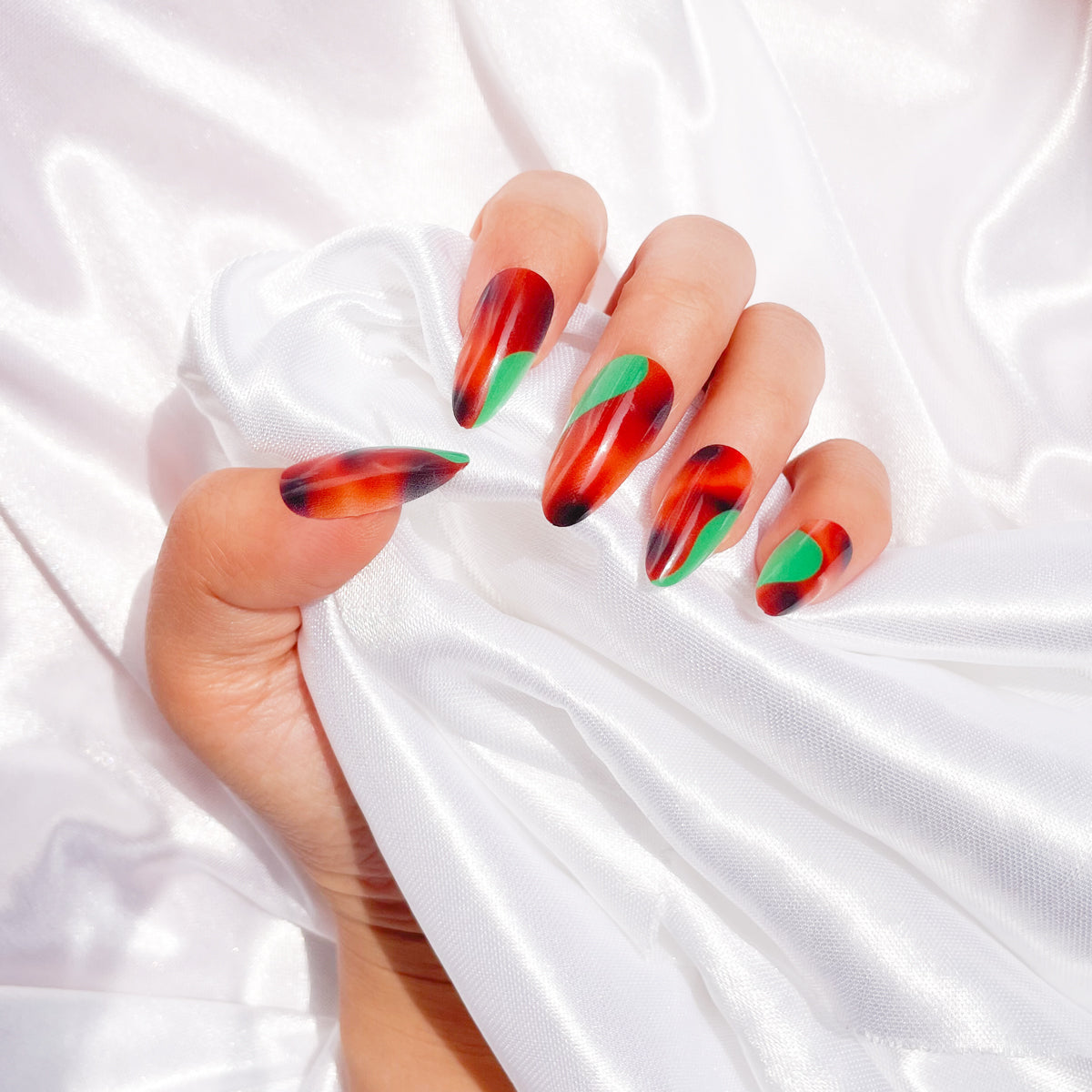 OPOOLA Almond Press on Nails Medium, Multi color printing,OPOOLA Rainbow Jelly Soft Gel Fake Nails for Women Fit Natural,  Stick on Nails Reusable, 24pcs False Nails with Design Glue Art Kit