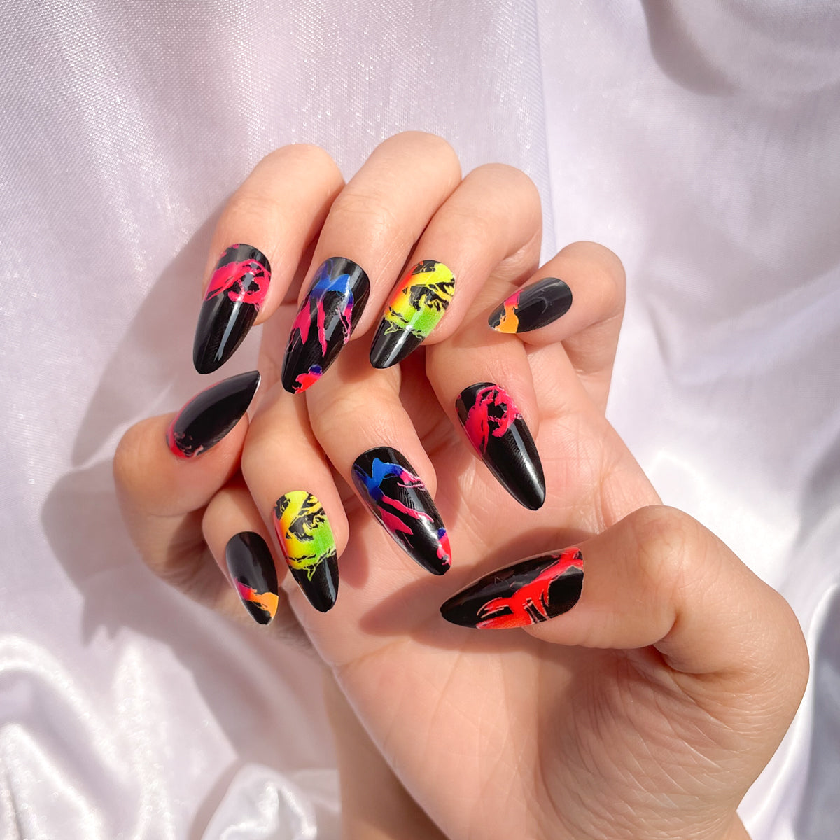 OPOOLA Almond Press on Nails Medium,Crack printing,OPOOLA Rainbow Jelly Soft Gel Fake Nails for Women Fit Natural,  Stick on Nails Reusable, 24pcs False Nails with Design Glue Art Kit