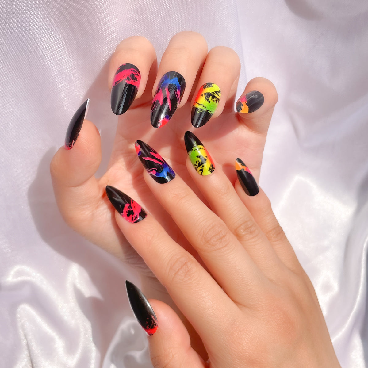 OPOOLA Almond Press on Nails Medium,Crack printing,OPOOLA Rainbow Jelly Soft Gel Fake Nails for Women Fit Natural,  Stick on Nails Reusable, 24pcs False Nails with Design Glue Art Kit