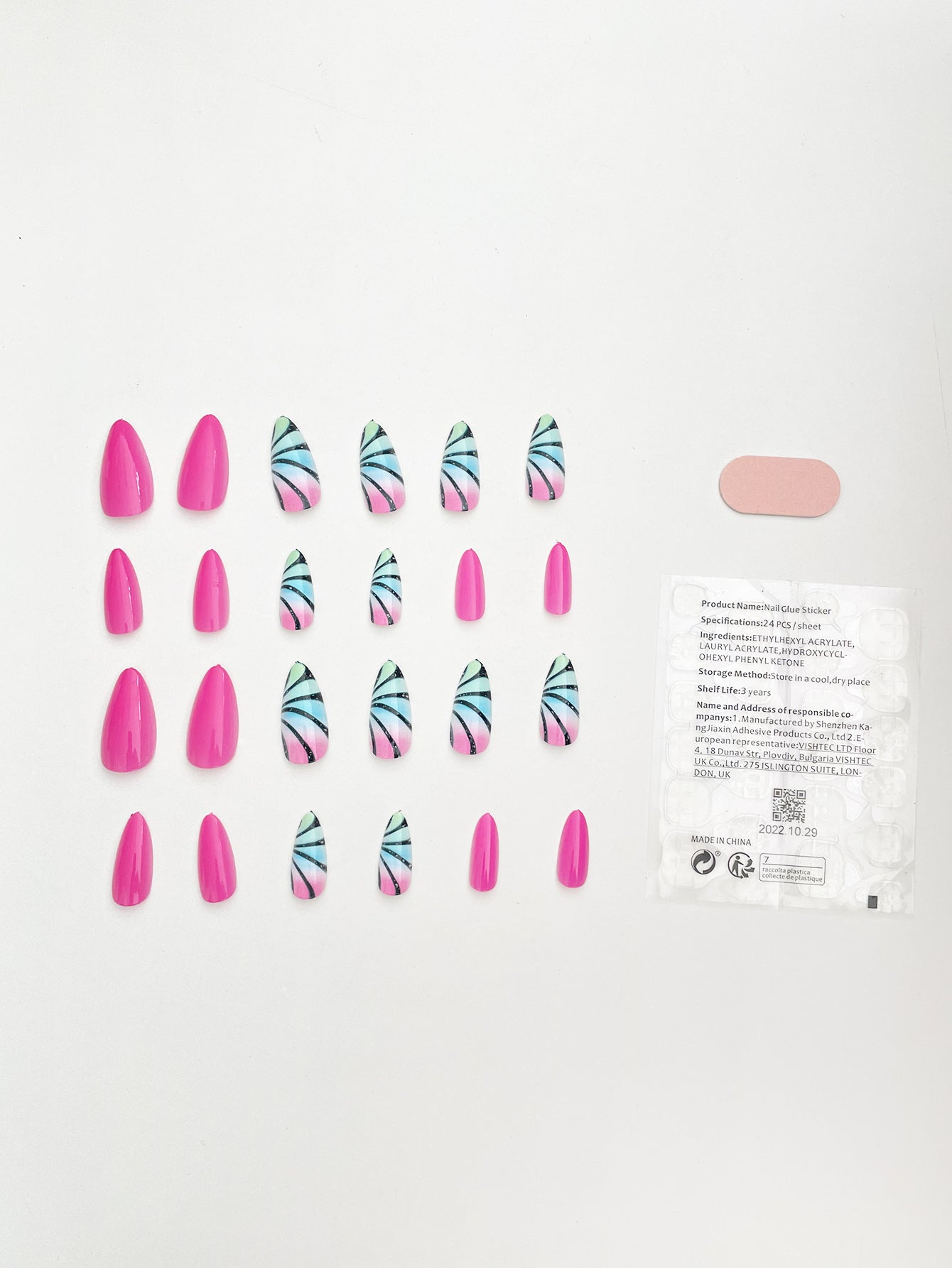 OPOOLA Almond Press on Nails Medium, Multi color printing,OPOOLA Rainbow Jelly Soft Gel Fake Nails for Women Fit Natural,  Stick on Nails Reusable, 24pcs False Nails with Design Glue Art Kit