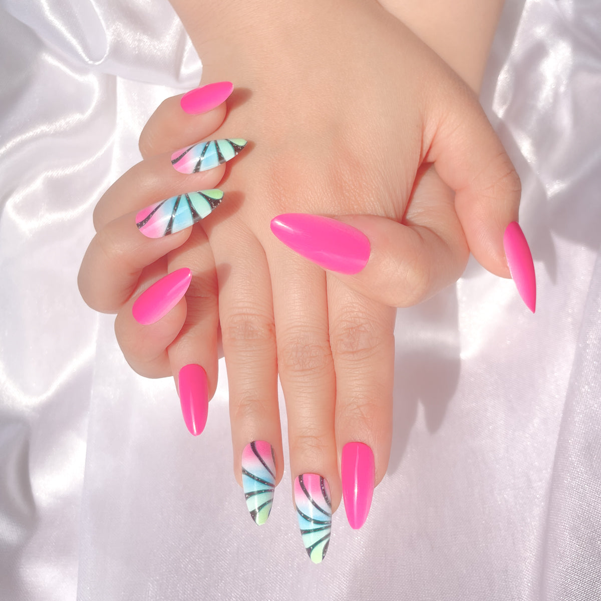 OPOOLA Almond Press on Nails Medium, Multi color printing,OPOOLA Rainbow Jelly Soft Gel Fake Nails for Women Fit Natural,  Stick on Nails Reusable, 24pcs False Nails with Design Glue Art Kit