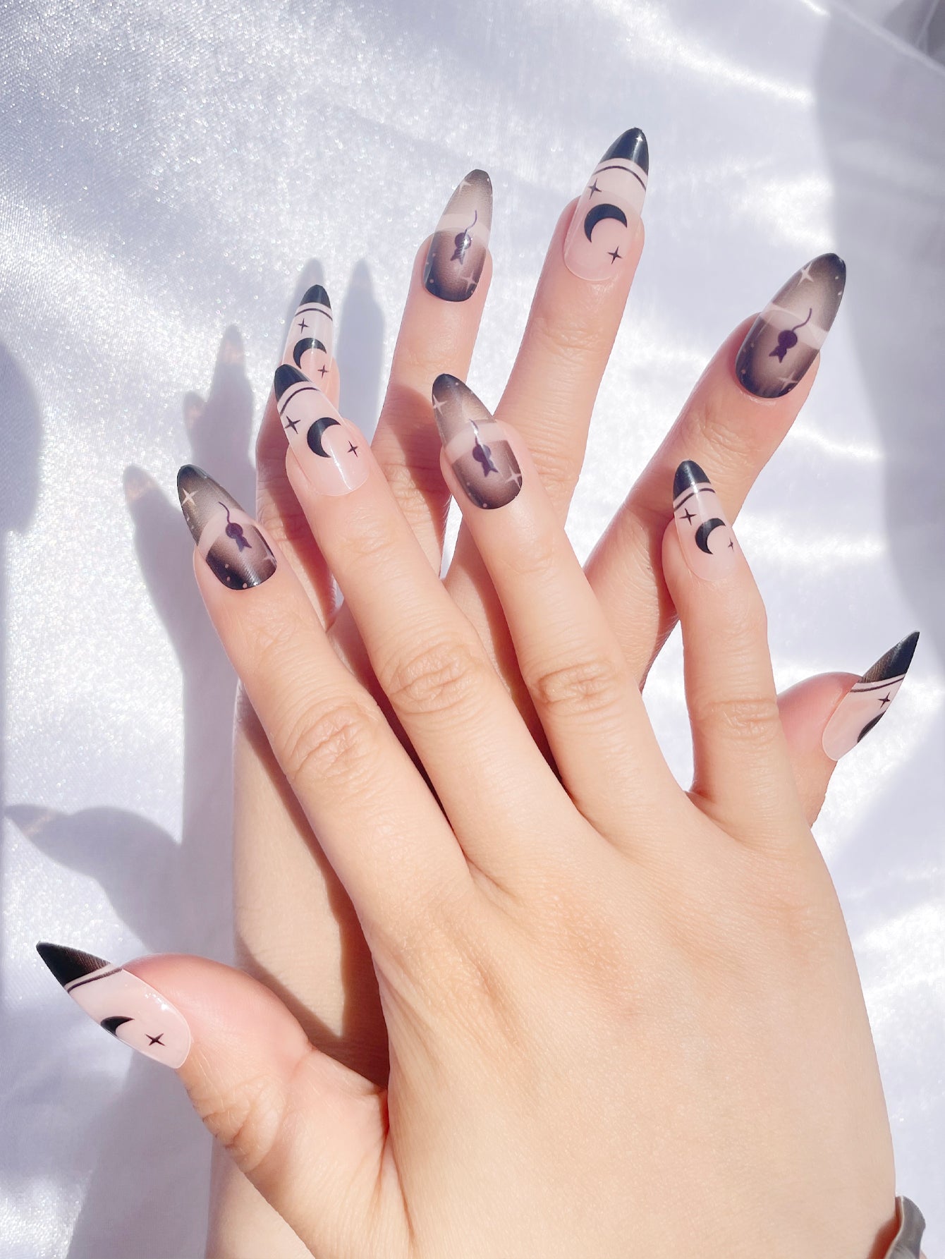 OPOOLA Almond Press on Nails Medium,Moon Cat,OPOOLA Rainbow Jelly Soft Gel Fake Nails for Women Fit Natural,  Stick on Nails Reusable, 24pcs False Nails with Design Glue Art Kit