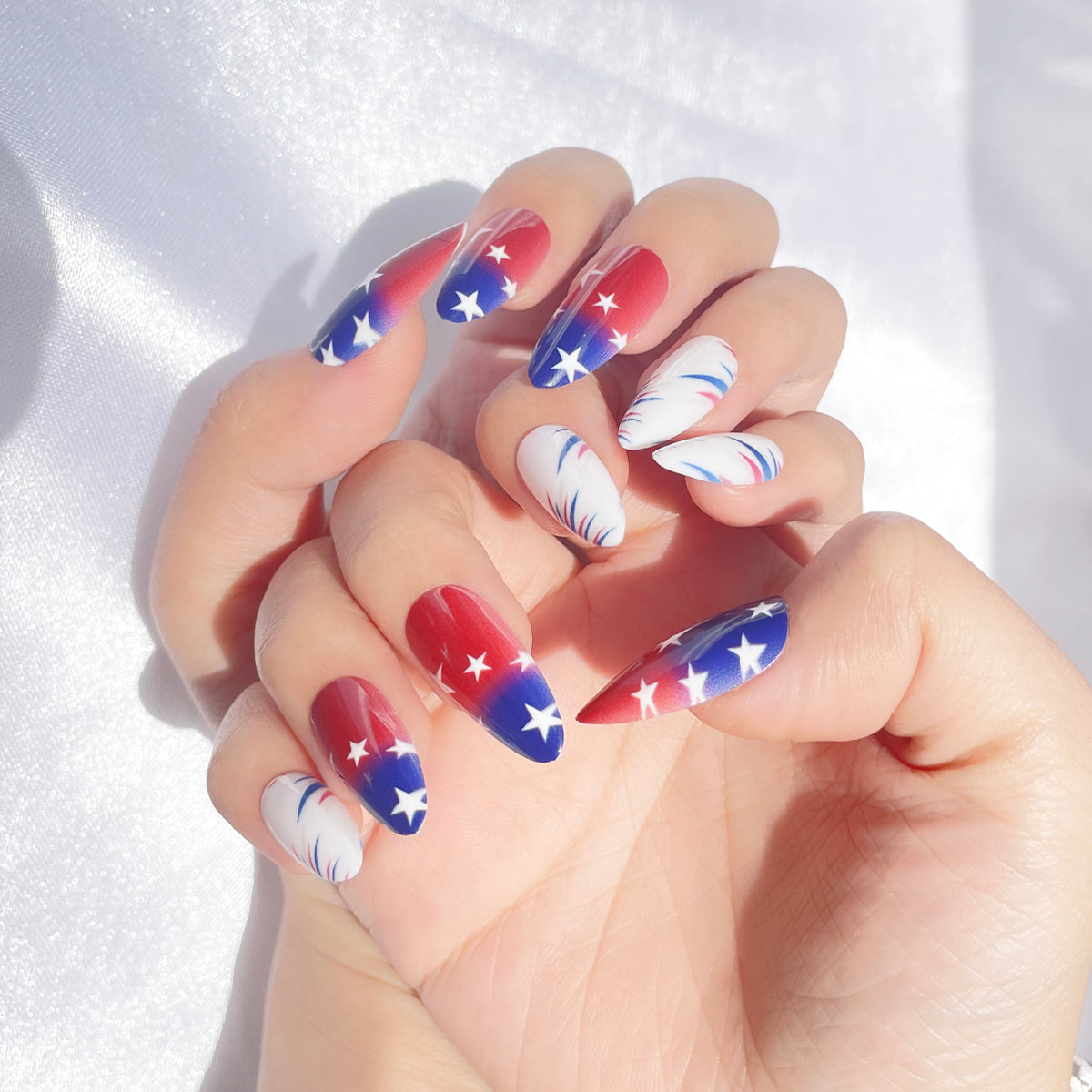 OPOOLA Almond Press on Nails Medium,Flag element,OPOOLA Rainbow Jelly Soft Gel Fake Nails for Women Fit Natural,  Stick on Nails Reusable, 24pcs False Nails with Design Glue Art Kit