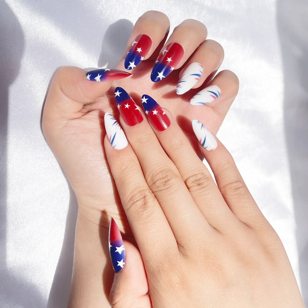 OPOOLA Almond Press on Nails Medium,Flag element,OPOOLA Rainbow Jelly Soft Gel Fake Nails for Women Fit Natural,  Stick on Nails Reusable, 24pcs False Nails with Design Glue Art Kit