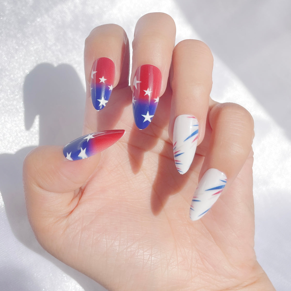 OPOOLA Almond Press on Nails Medium,Flag element,OPOOLA Rainbow Jelly Soft Gel Fake Nails for Women Fit Natural,  Stick on Nails Reusable, 24pcs False Nails with Design Glue Art Kit