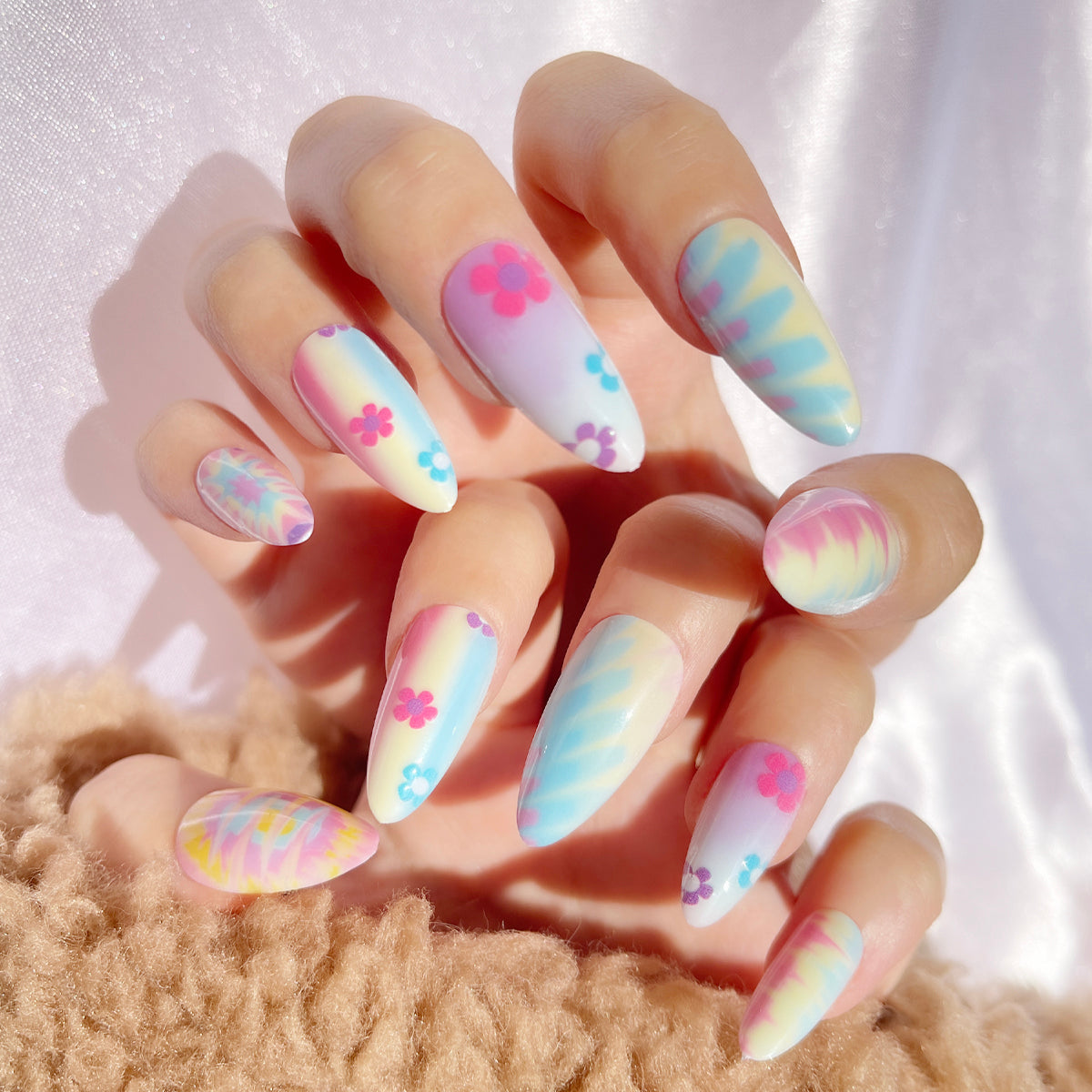 OPOOLA Almond Press on Nails Medium,OPOOLA Rainbow Jelly Soft Gel Fake Nails for Women Fit Natural,  Stick on Nails Reusable, 24pcs False Nails with Design Glue Art Kit