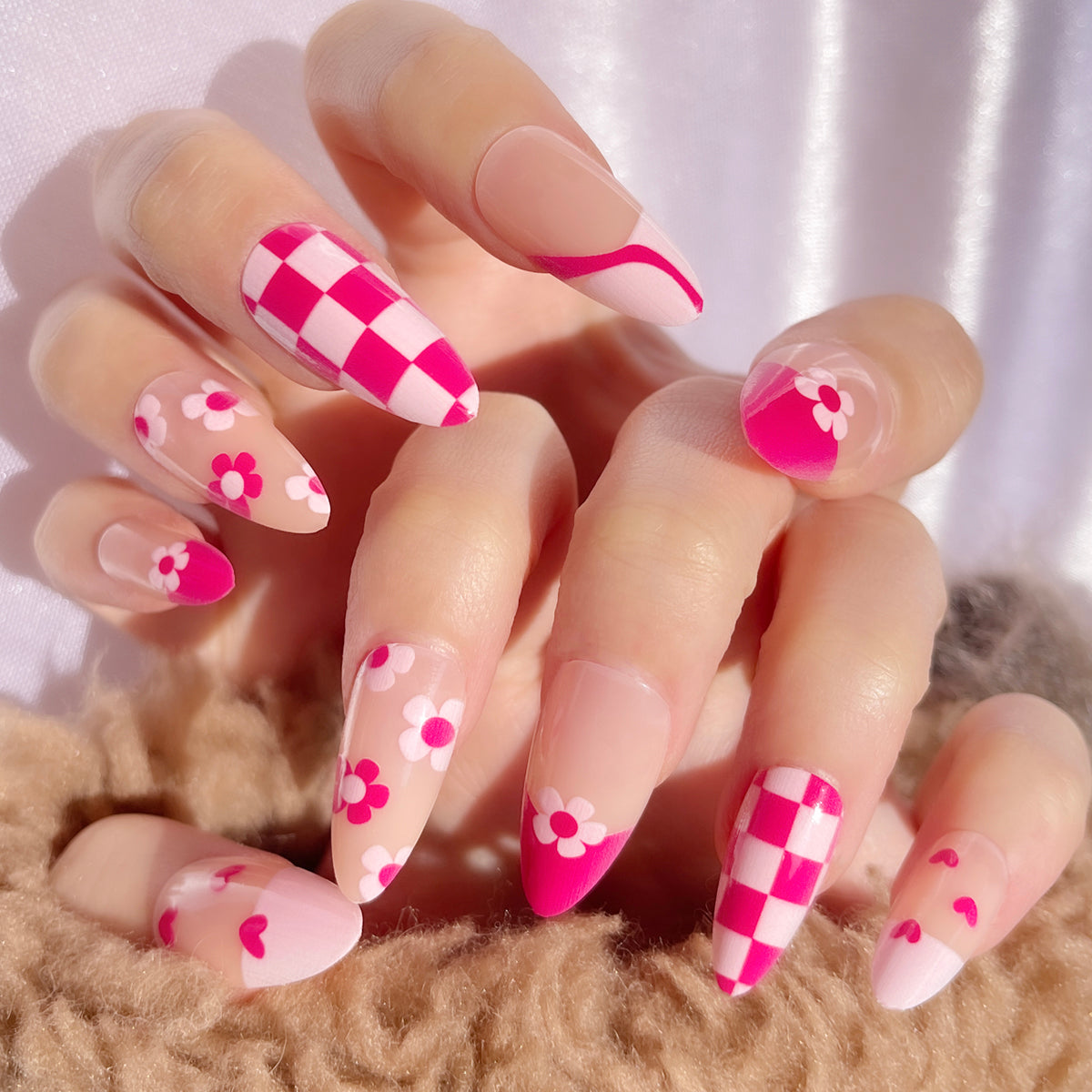 OPOOLA Almond Press on Nails Medium,OPOOLA Rainbow Jelly Soft Gel Fake Nails for Women Fit Natural,  Stick on Nails Reusable, 24pcs False Nails with Design Glue Art Kit