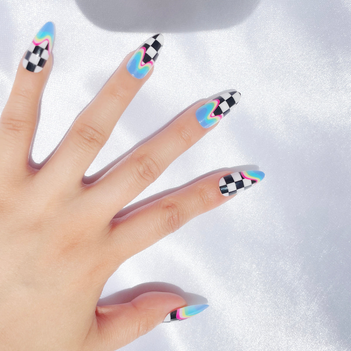 OPOOLA Almond Press on Nails Medium,Football ripple print,OPOOLA Rainbow Jelly Soft Gel Fake Nails for Women Fit Natural,  Stick on Nails Reusable, 24pcs False Nails with Design Glue Art Kit