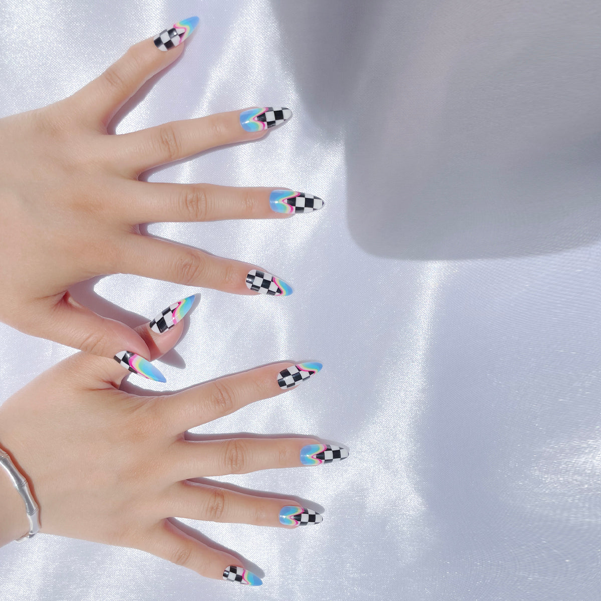 OPOOLA Almond Press on Nails Medium,Football ripple print,OPOOLA Rainbow Jelly Soft Gel Fake Nails for Women Fit Natural,  Stick on Nails Reusable, 24pcs False Nails with Design Glue Art Kit
