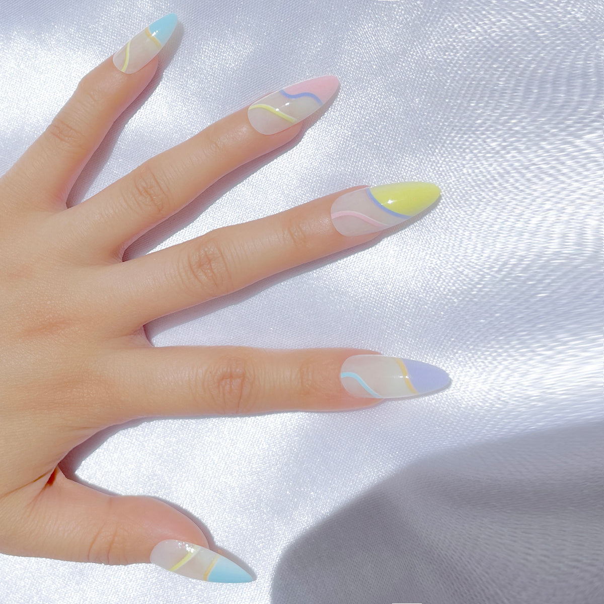 OPOOLA Almond Press on Nails Medium,Light stripe,OPOOLA Rainbow Jelly Soft Gel Fake Nails for Women Fit Natural,  Stick on Nails Reusable, 24pcs False Nails with Design Glue Art Kit