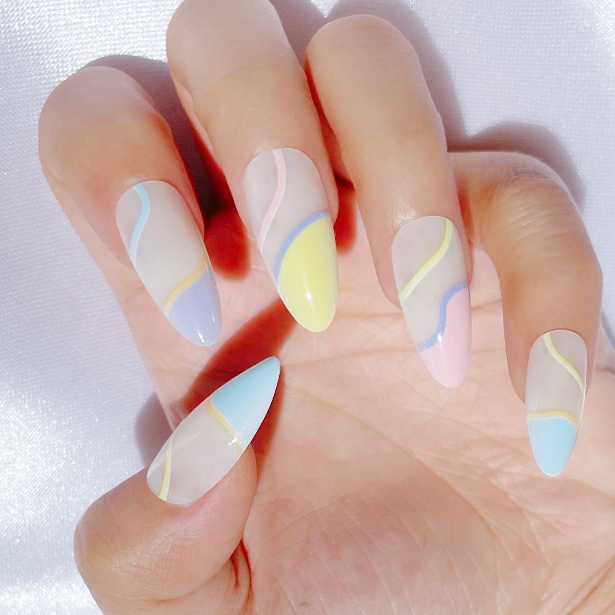 OPOOLA Almond Press on Nails Medium,Light stripe,OPOOLA Rainbow Jelly Soft Gel Fake Nails for Women Fit Natural,  Stick on Nails Reusable, 24pcs False Nails with Design Glue Art Kit