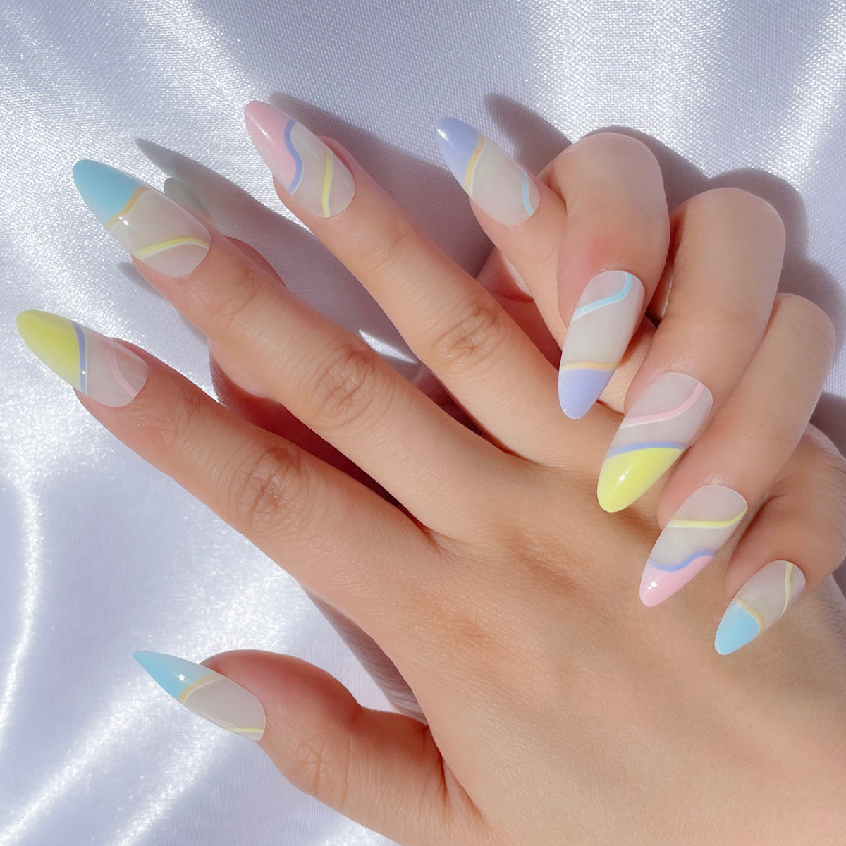 OPOOLA Almond Press on Nails Medium,Light stripe,OPOOLA Rainbow Jelly Soft Gel Fake Nails for Women Fit Natural,  Stick on Nails Reusable, 24pcs False Nails with Design Glue Art Kit