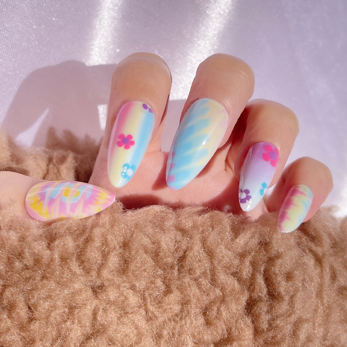 OPOOLA Almond Press on Nails Medium,OPOOLA Rainbow Jelly Soft Gel Fake Nails for Women Fit Natural,  Stick on Nails Reusable, 24pcs False Nails with Design Glue Art Kit