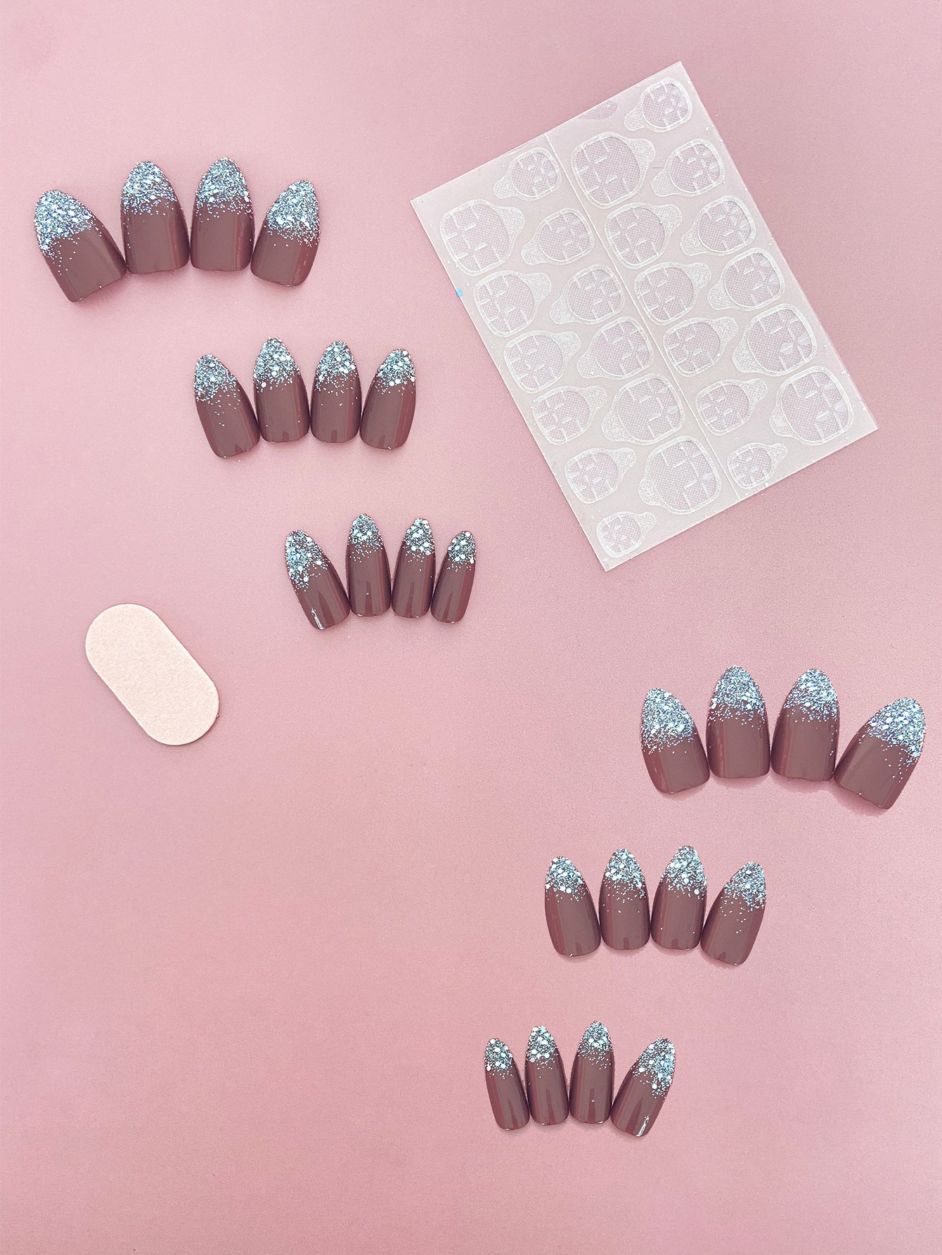 OPOOLA 24 pcs Brown Stiletto Shape French Glitter Fake Press On Nails with Jelly Glue & Nail Buffer