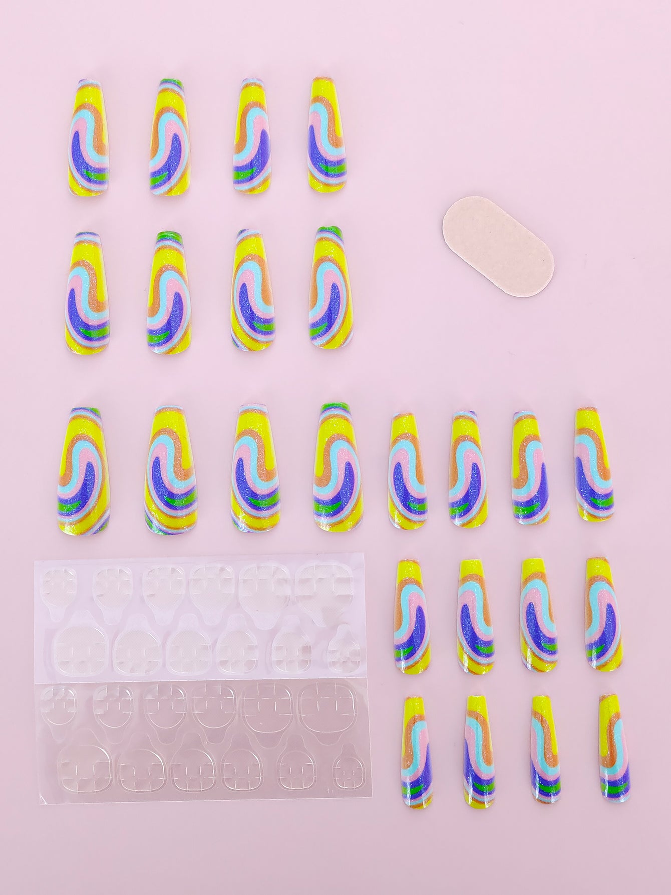 OPOOLA 24 pcs Ballerina Shape Rainbow Fake Press On Nails with Jelly Glue & Nail Buffer