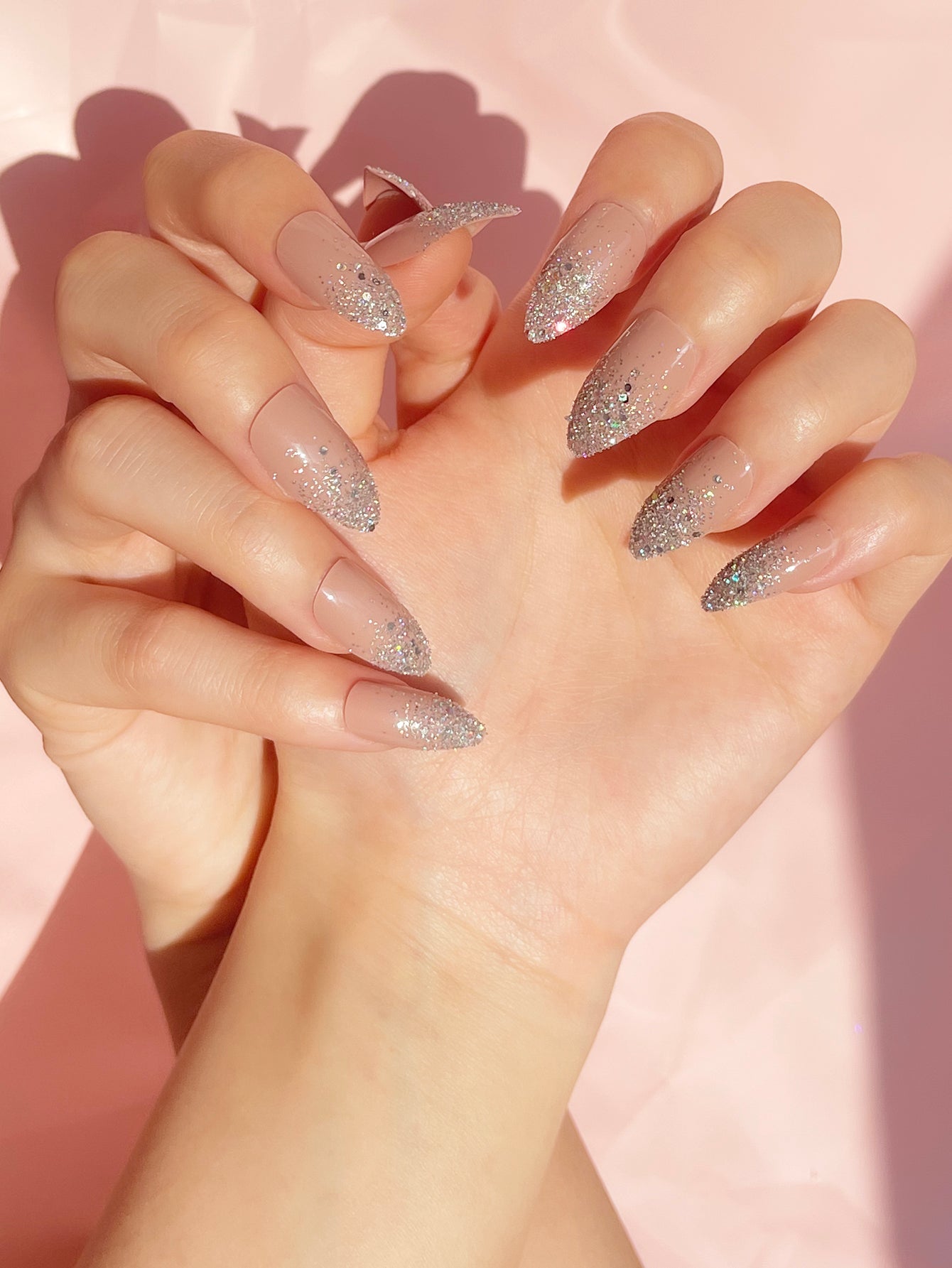 OPOOLA 24 pcs Nude Stiletto Shape French Glitter Fake Press On Nails with Jelly Glue & Nail Buffer