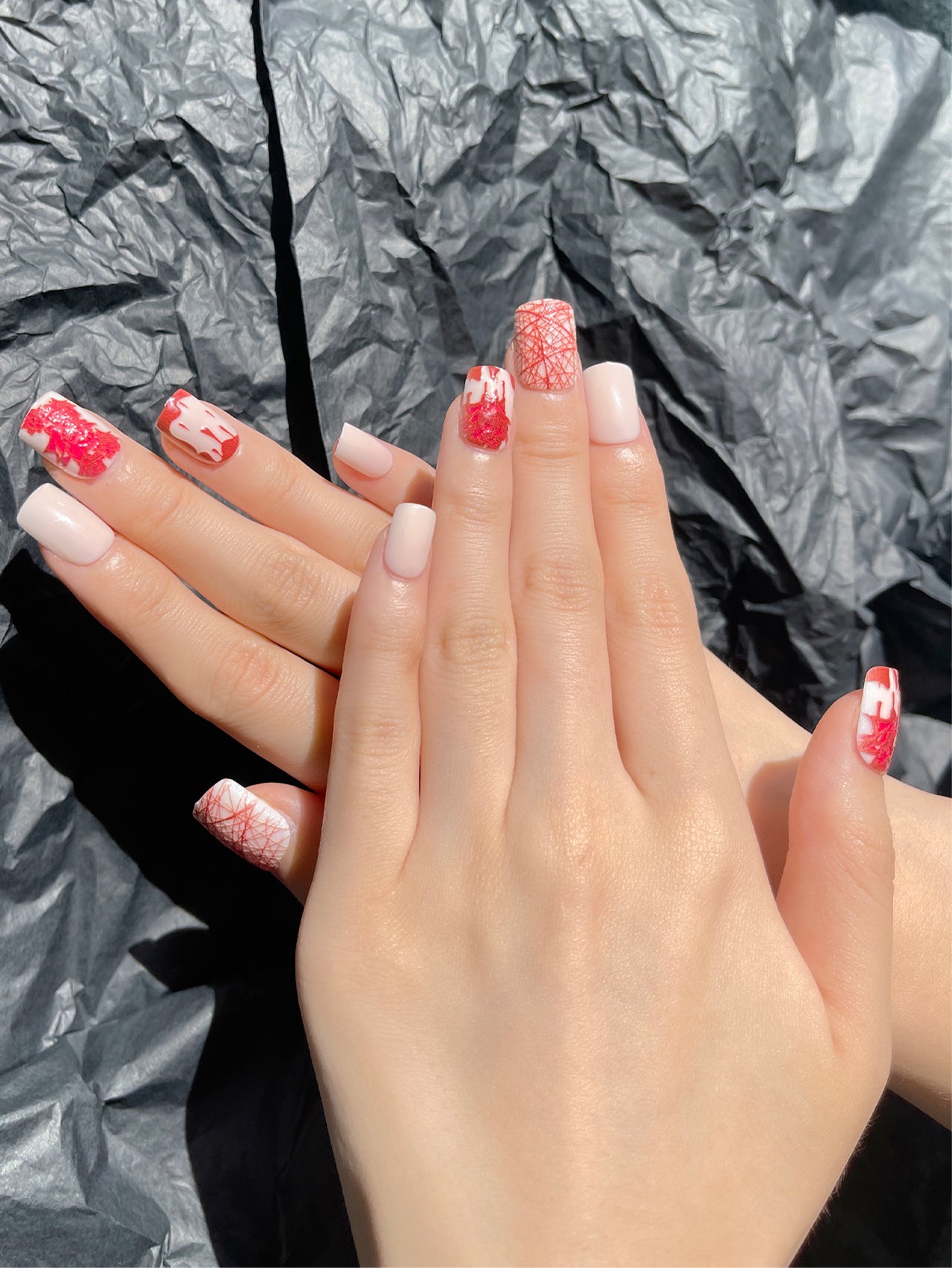 OPOOLA 24 pcs Short Square Shape Halloween Blood Rose Soft Gel Fake Press On Nails with Jelly Glue&Nail Buffer