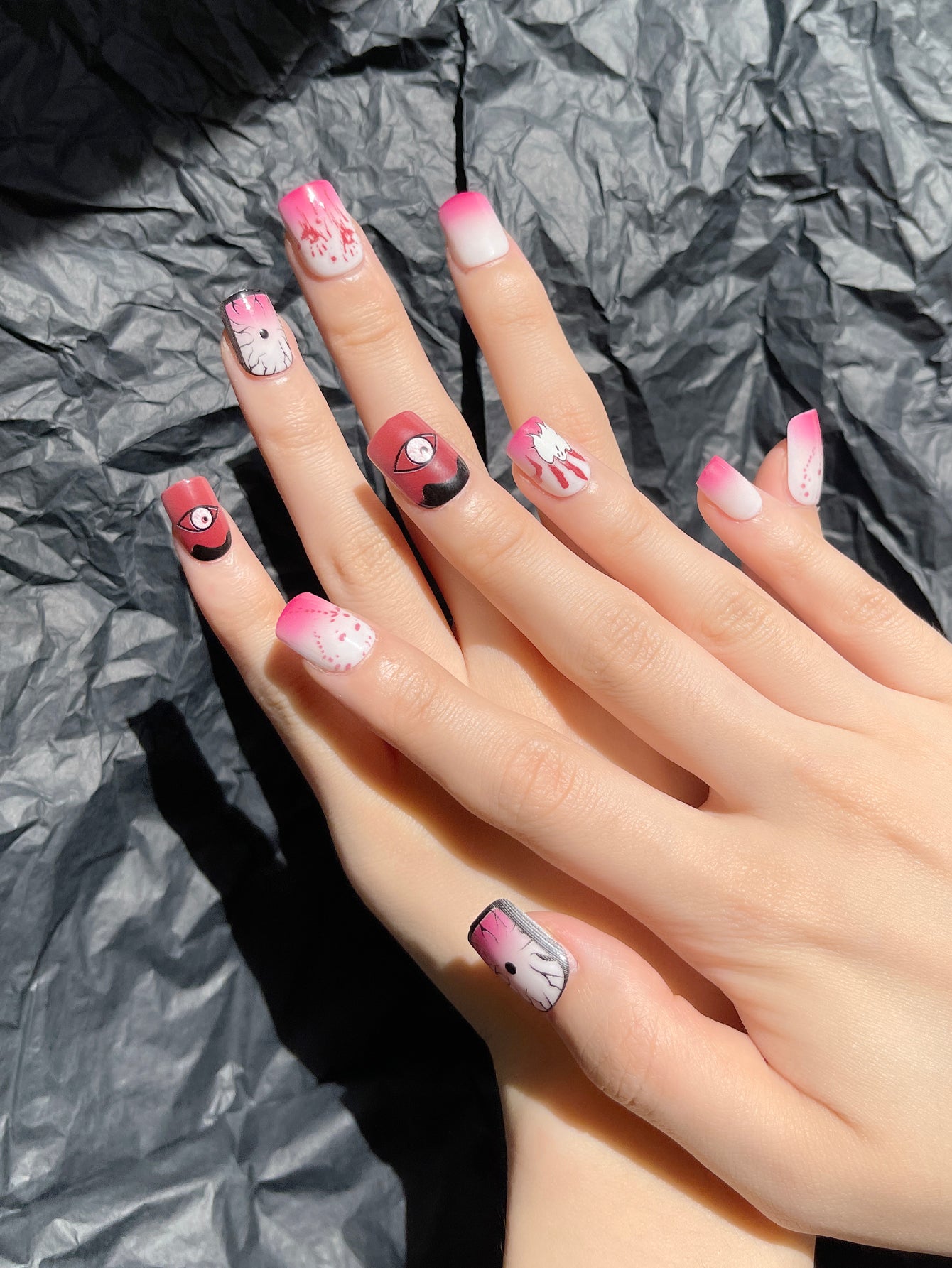 OPOOLA 24 pcs Short Square Shape Halloween Evil Ghost Soft Gel Fake Press On Nails with Jelly Glue&Nail Buffer