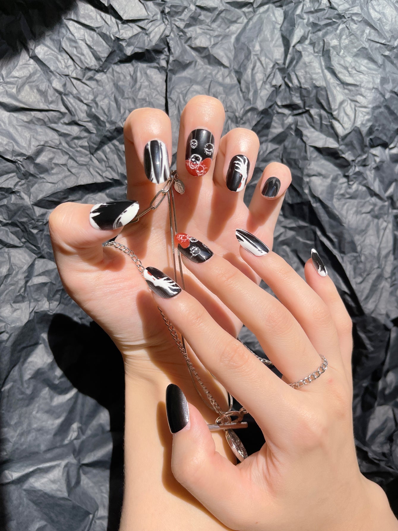 OPOOLA 24 pcs Oval Shape Halloween Ghost Soft Gel Fake Press On Nails with Jelly Glue & Nail Buffer