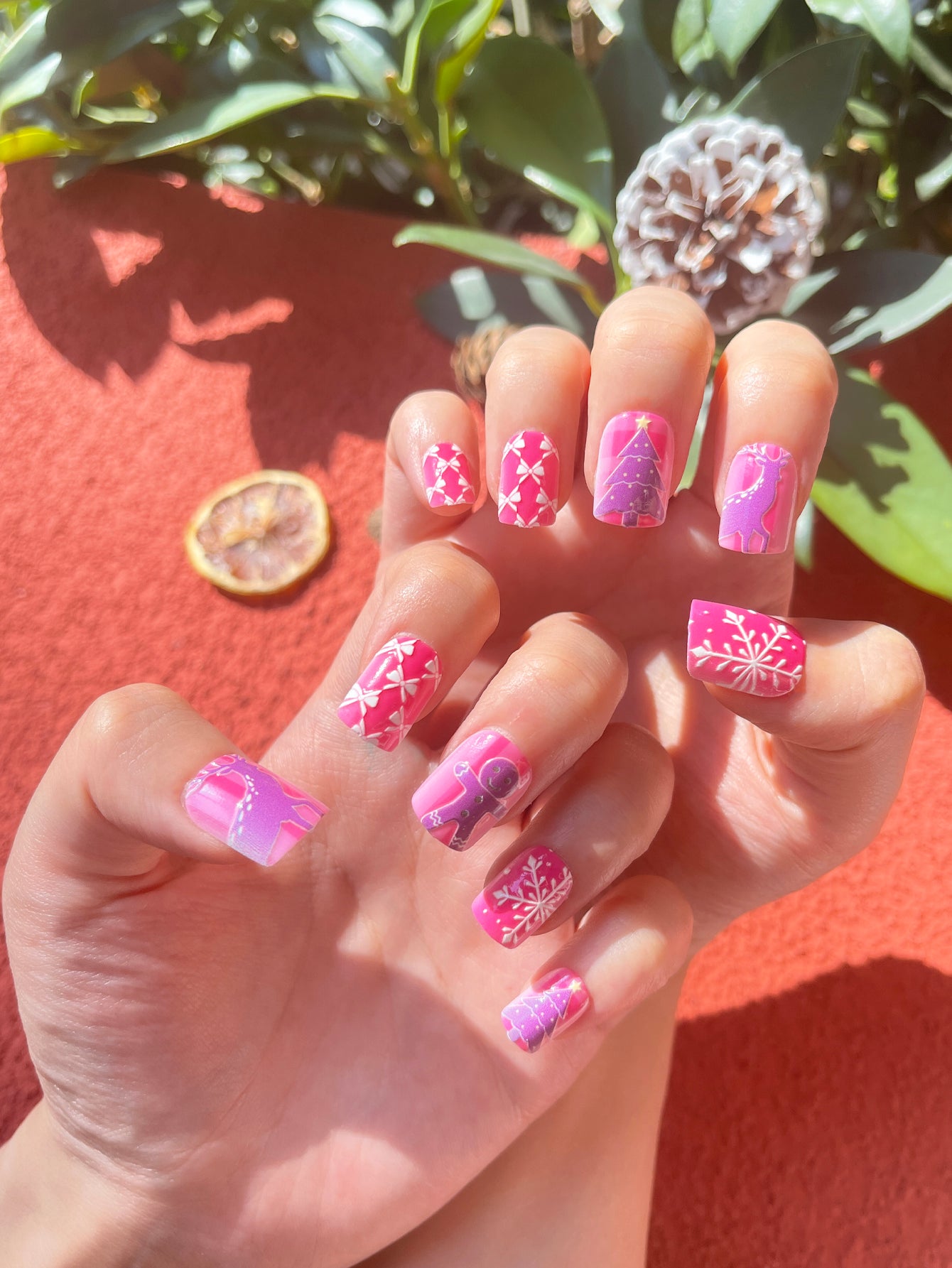 OPOOLA 24 pcs Short Square Shape Christmas Snow Flower Soft Gel Fake Press On Nails with Jelly Glue&Nail Buffer