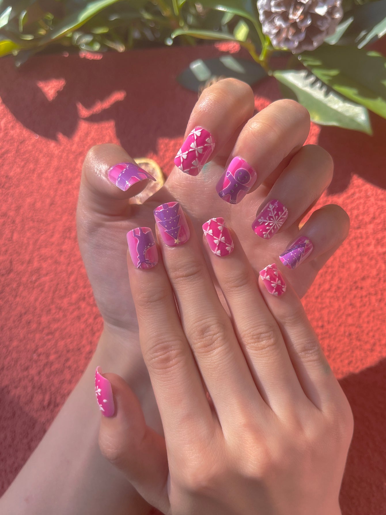 OPOOLA 24 pcs Short Square Shape Christmas Snow Flower Soft Gel Fake Press On Nails with Jelly Glue&Nail Buffer