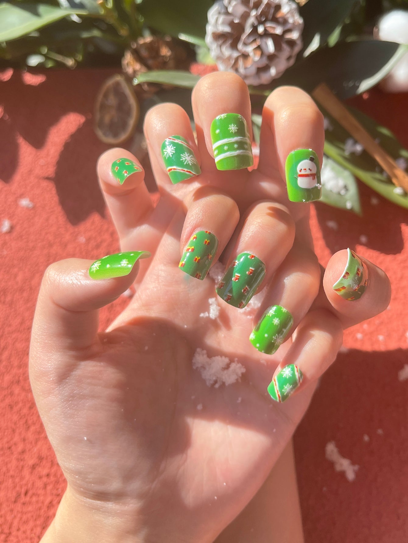 OPOOLA 24 pcs Short Square Shape Christmas Icon Soft Gel Fake Press On Nails with Jelly Glue&Nail Buffer