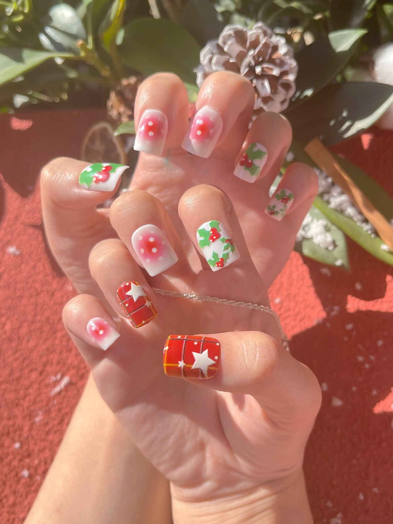 OPOOLA 24 pcs Short Square Shape Christmas Icon Soft Gel Fake Press On Nails with Jelly Glue&Nail Buffer