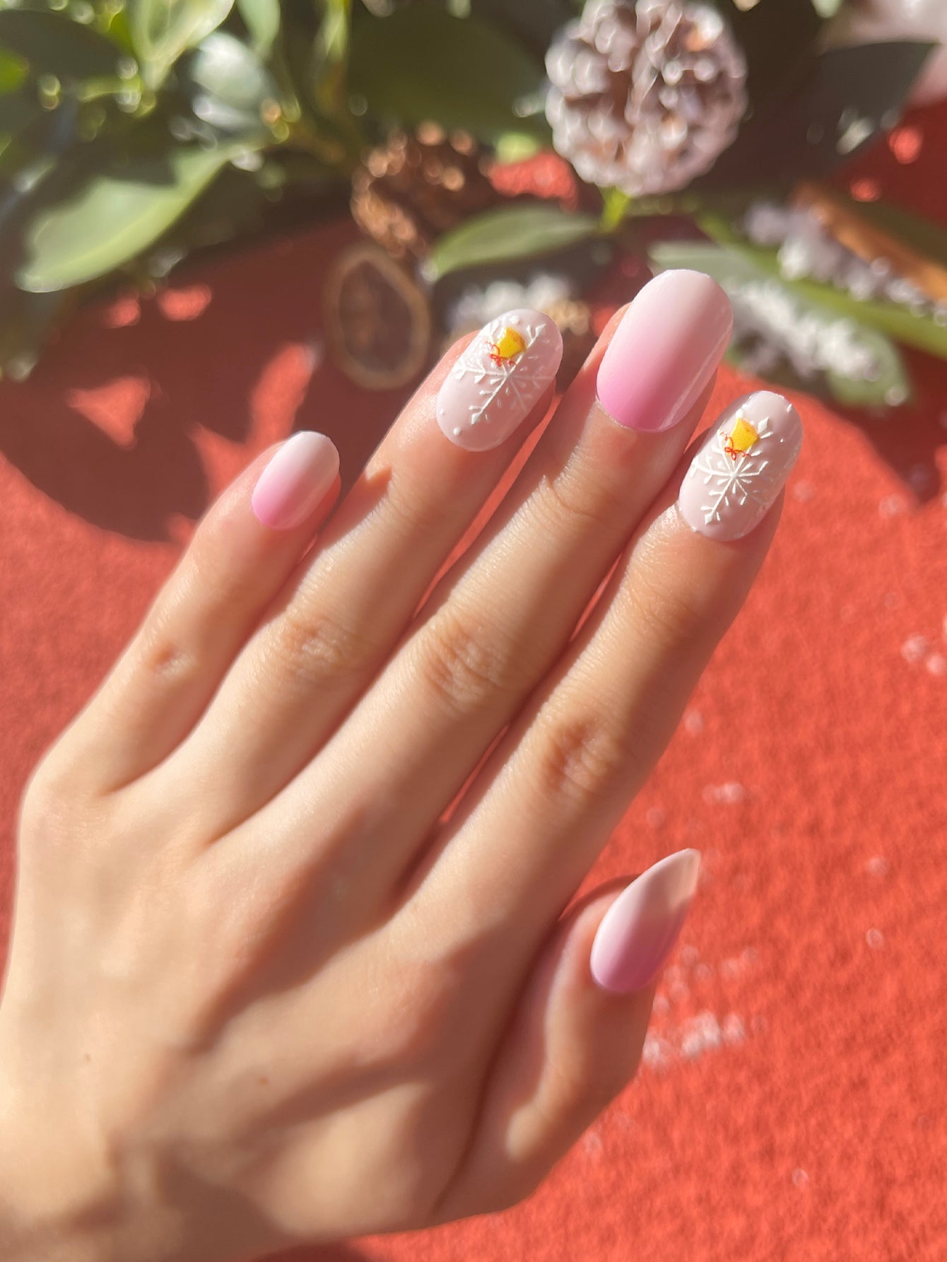 OPOOLA 24 pcs Short Oval Christmas Snow Flower Soft Gel Fake Press On Nails with Jelly Glue&Nail Buffer