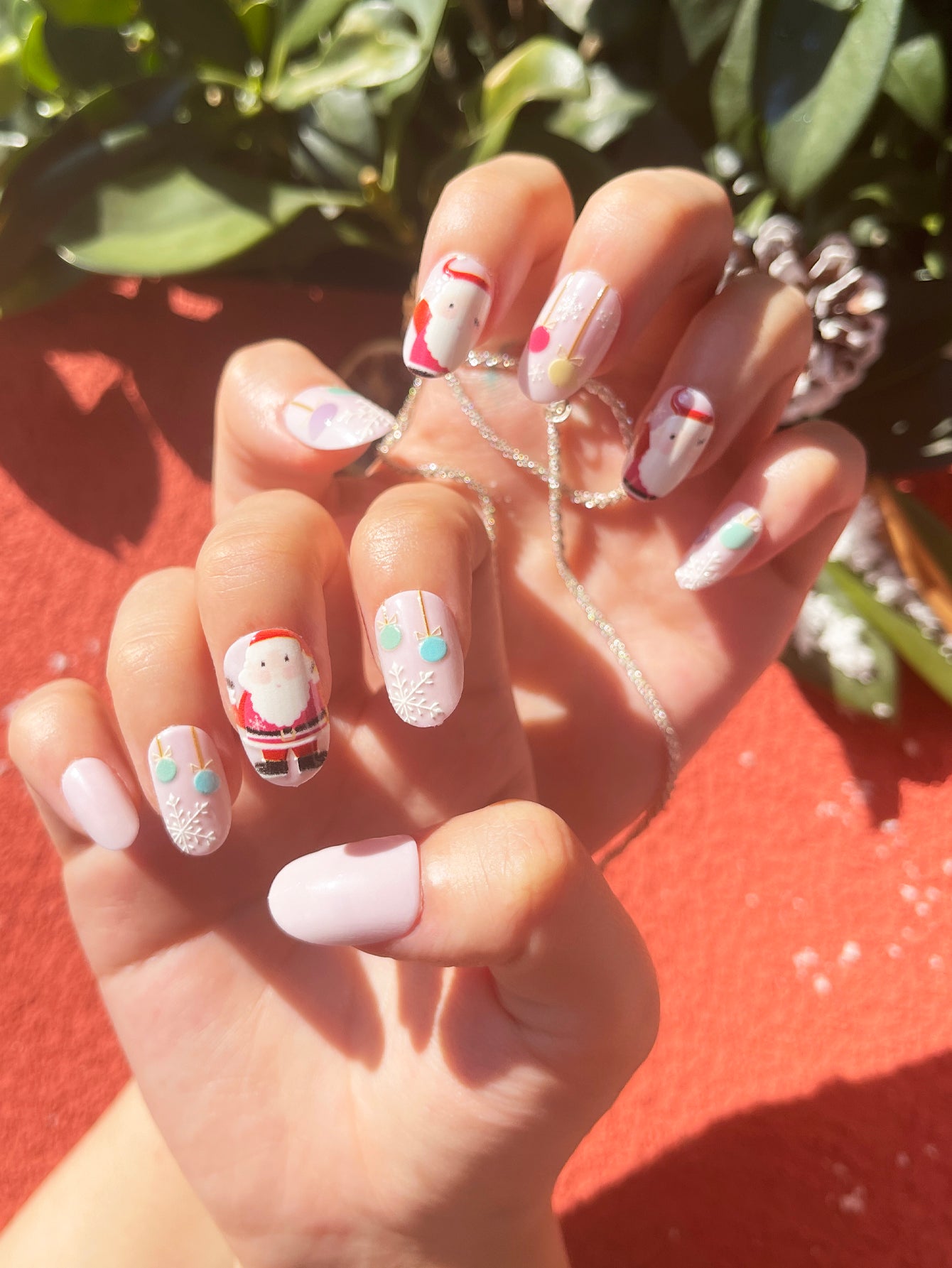 OPOOLA 24 pcs Short Oval Christmas Santa Soft Gel Fake Press On Nails with Jelly Glue&Nail Buffer