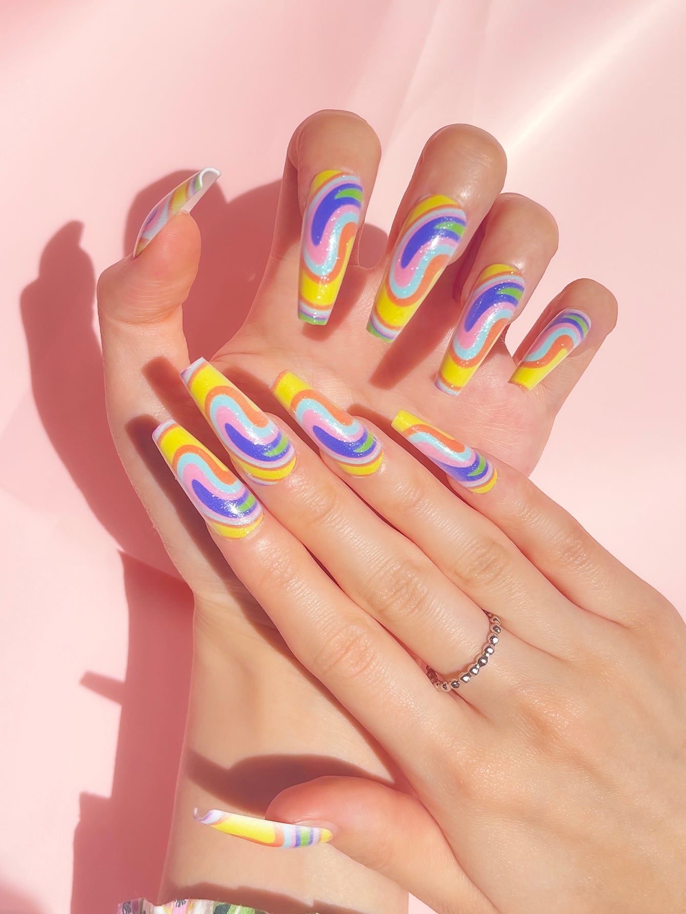OPOOLA 24 pcs Ballerina Shape Rainbow Fake Press On Nails with Jelly Glue & Nail Buffer