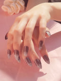 OPOOLA 24 pcs Brown Stiletto Shape French Glitter Fake Press On Nails with Jelly Glue & Nail Buffer